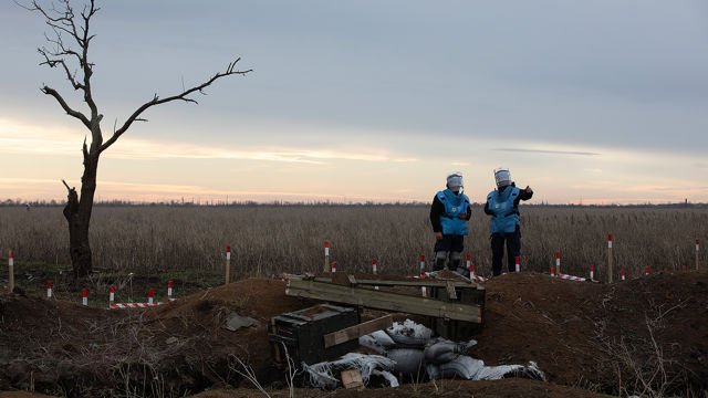 Fotografi av et landskap med en enslig, bladløs tre til venstre og to personer i blå beskyttelsesvester til høyre. De står ved et område markert med rødt og hvitt, sannsynligvis et mineryddingsområde. Bakgrunnen viser en vidstrakt eng under en overskyet himmel.